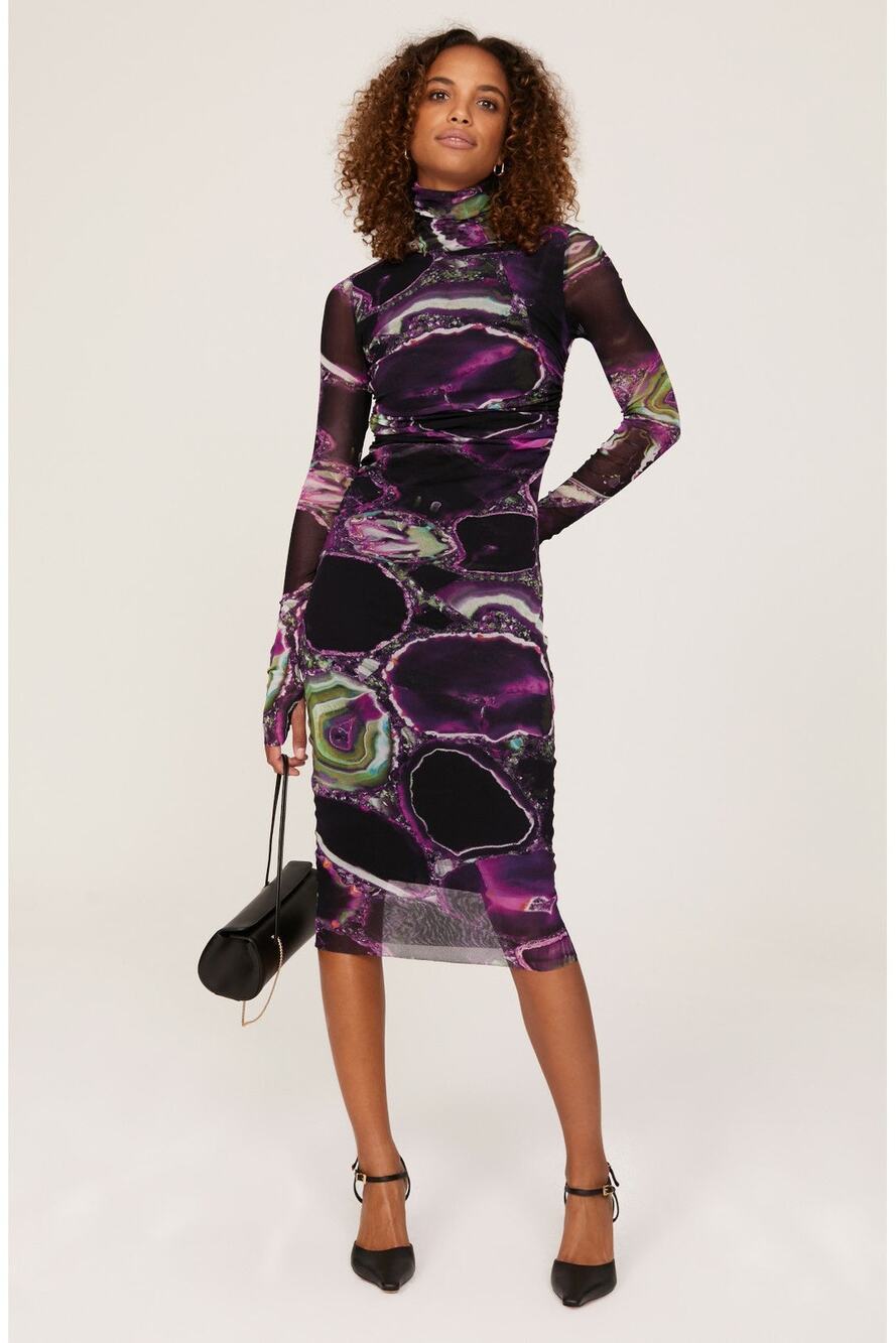 Fuzzi Abito Collo Alto Purple Abstract Mesh Midi Dress Size S $495